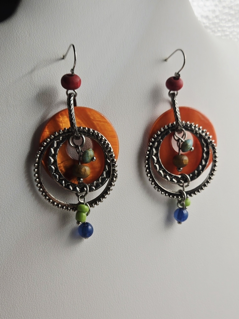 Artisan Orange and Multicolor Bead Dangle Hoop Earrings - Picture 9 of 11